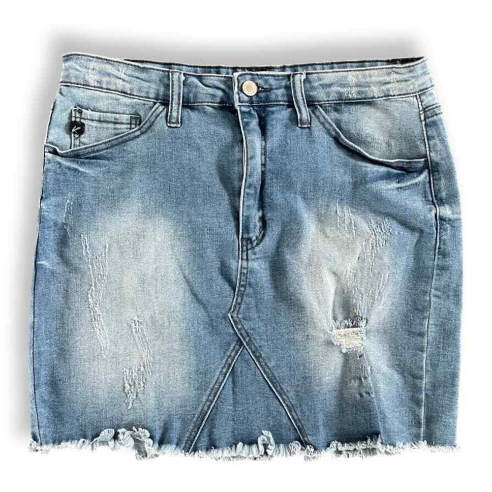 Kancan Denim‎ Mini Skirt Distressed Frayed Hem Light Wash Casual 28
